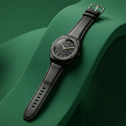 Premium Matte Black Octagonal Analog Wrist Watch with Leather Strap for Men