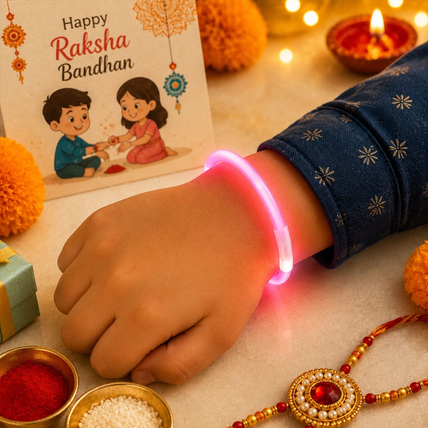 Pink Neon Glow Band Rakhi with Choco Magic, Pack of 3