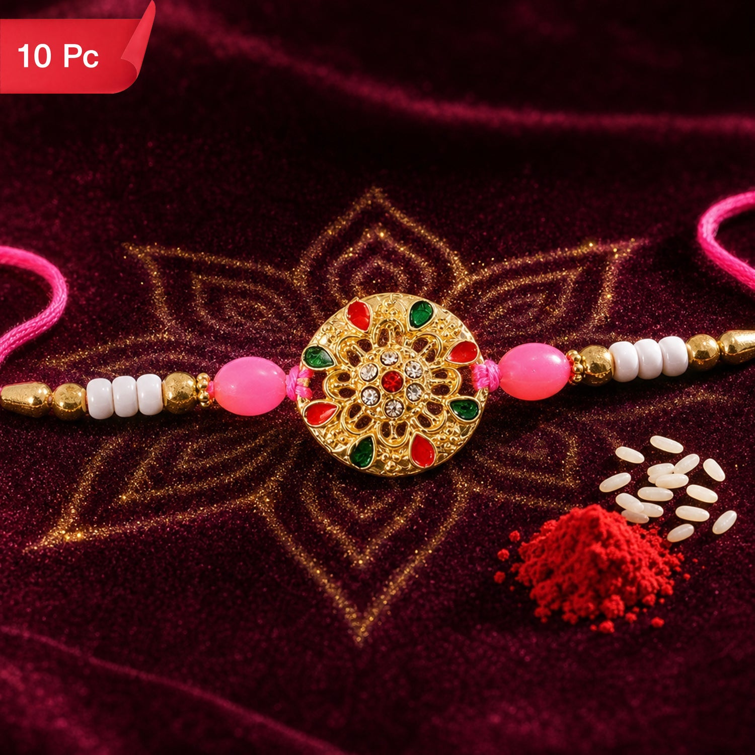 Round Floral Kundan Rakhi with Beads for Raksha Bandhan Special (10pcs)