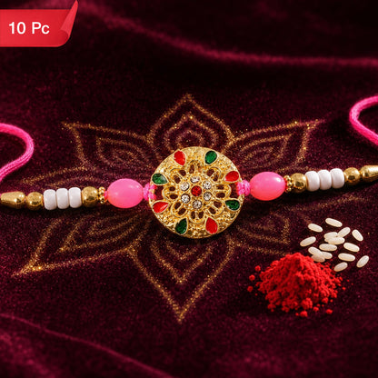 Round Floral Kundan Rakhi with Beads for Raksha Bandhan Special (10pcs)