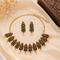 Temple Style Goddess Motif Necklace Set with Pearl Drops & Matching Earrings for Women