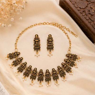 Temple Style Goddess Motif Necklace Set with Pearl Drops & Matching Earrings for Women