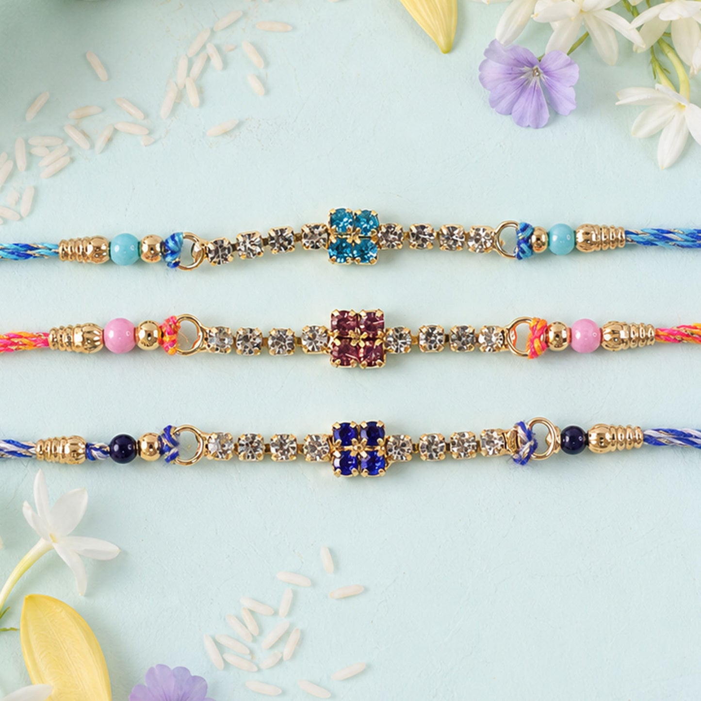 Square Motif Stone Band Rakhi in Mix Colour Threads (Pack of 6)