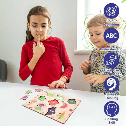 Wooden Vegetable Learning Puzzle Board for Kids – Colorful Puzzle with Cute Veggie Characters