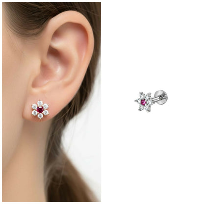 Ruby floral stud earring with silver plating and vibrant red center stone