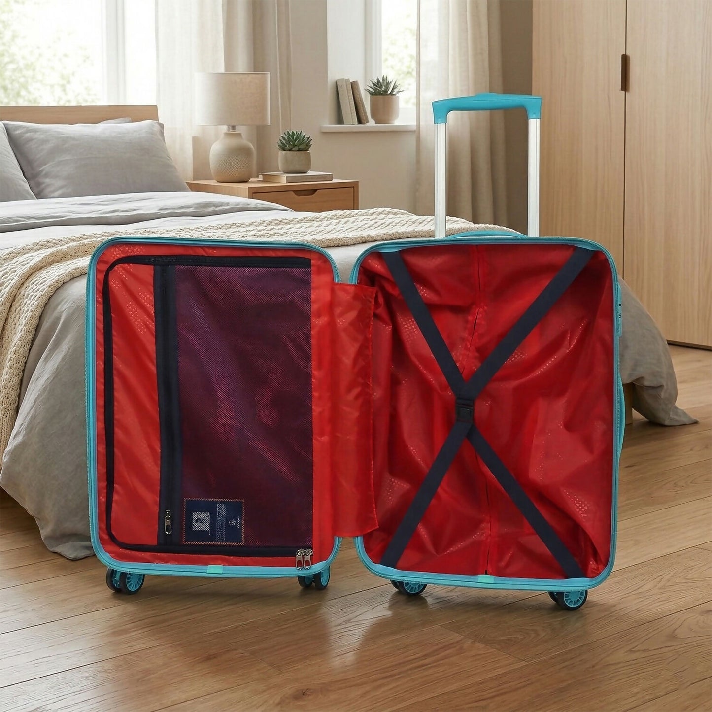 Side view of Novex unicorn kids trolley bag showing wheels