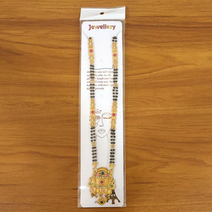 Rajwadi Temple Gate Pendant with Pink Leaf & Emerald Drops Long Double Strand Mangalsutra