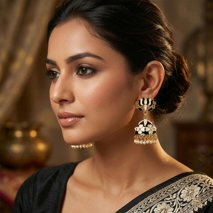 Side view of black lotus jhumka earrings