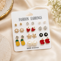 12 Pair Fashion Stud Earrings Set with Pearl, Crystal, Fruit, Star and Floral Designs