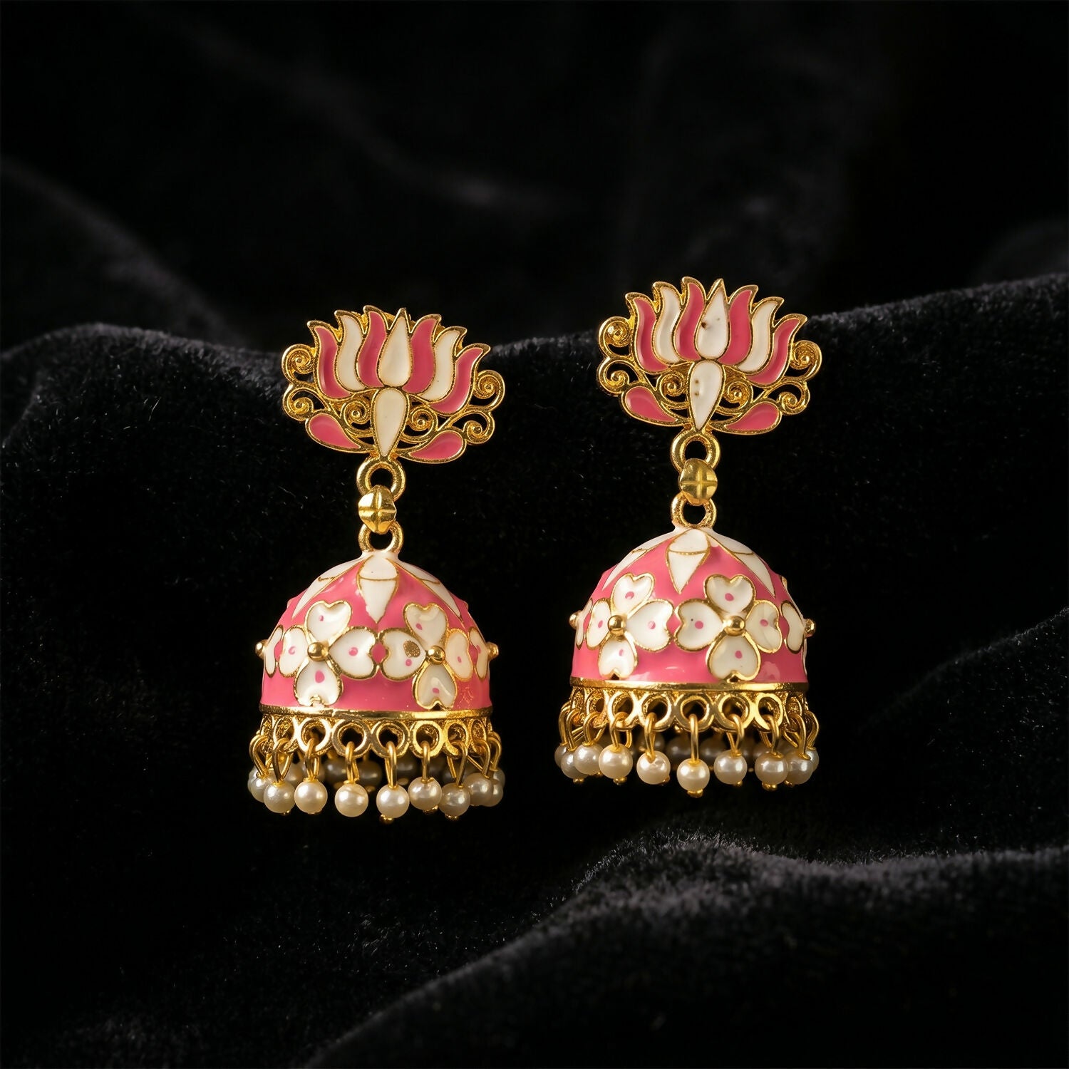Pink Lotus Jhumka Earrings with Pearls for Women
