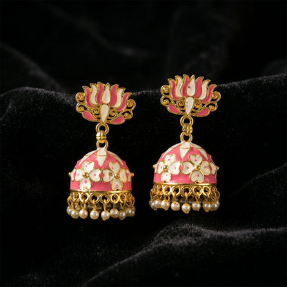 Side angle of Pink Lotus Jhumka Earrings showing floral dome pattern