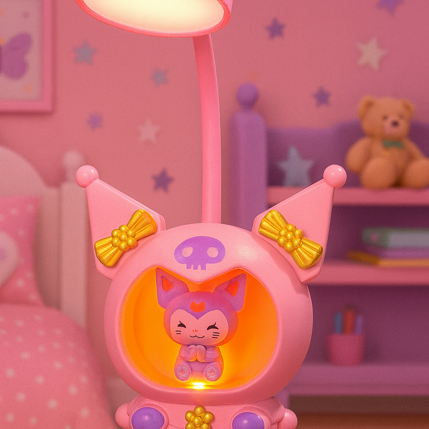 Cute Pink Character LED Table Lamp with Night Light & USB Charging