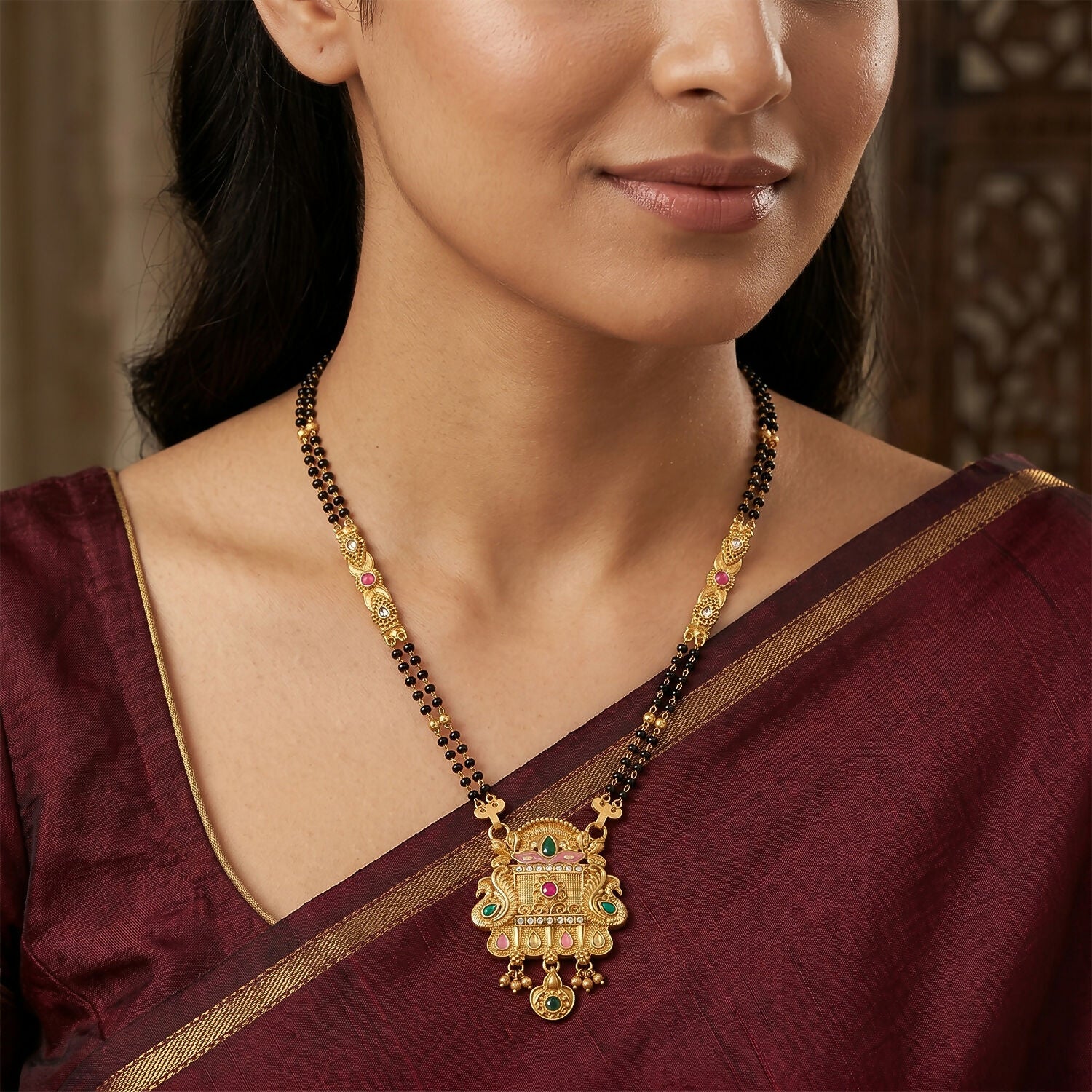 Rajwadi Temple Gate Pendant with Pink Leaf & Emerald Drops Long Double Strand Mangalsutra