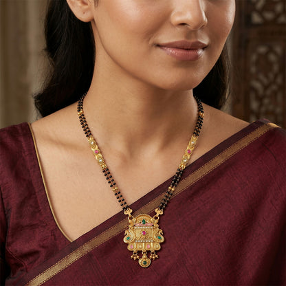 Rajwadi Temple Gate Pendant with Pink Leaf & Emerald Drops Long Double Strand Mangalsutra