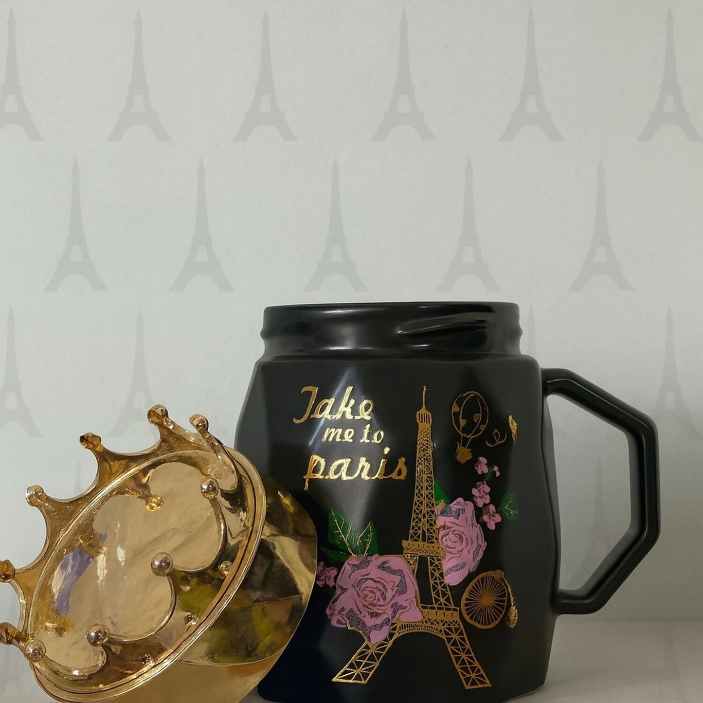 Luxury Black Ceramic Paris Mug with Golden Crown Lid | Gift Coffee Cup