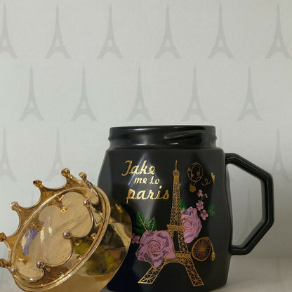 Luxury Black Ceramic Paris Mug with Golden Crown Lid | Gift Coffee Cup