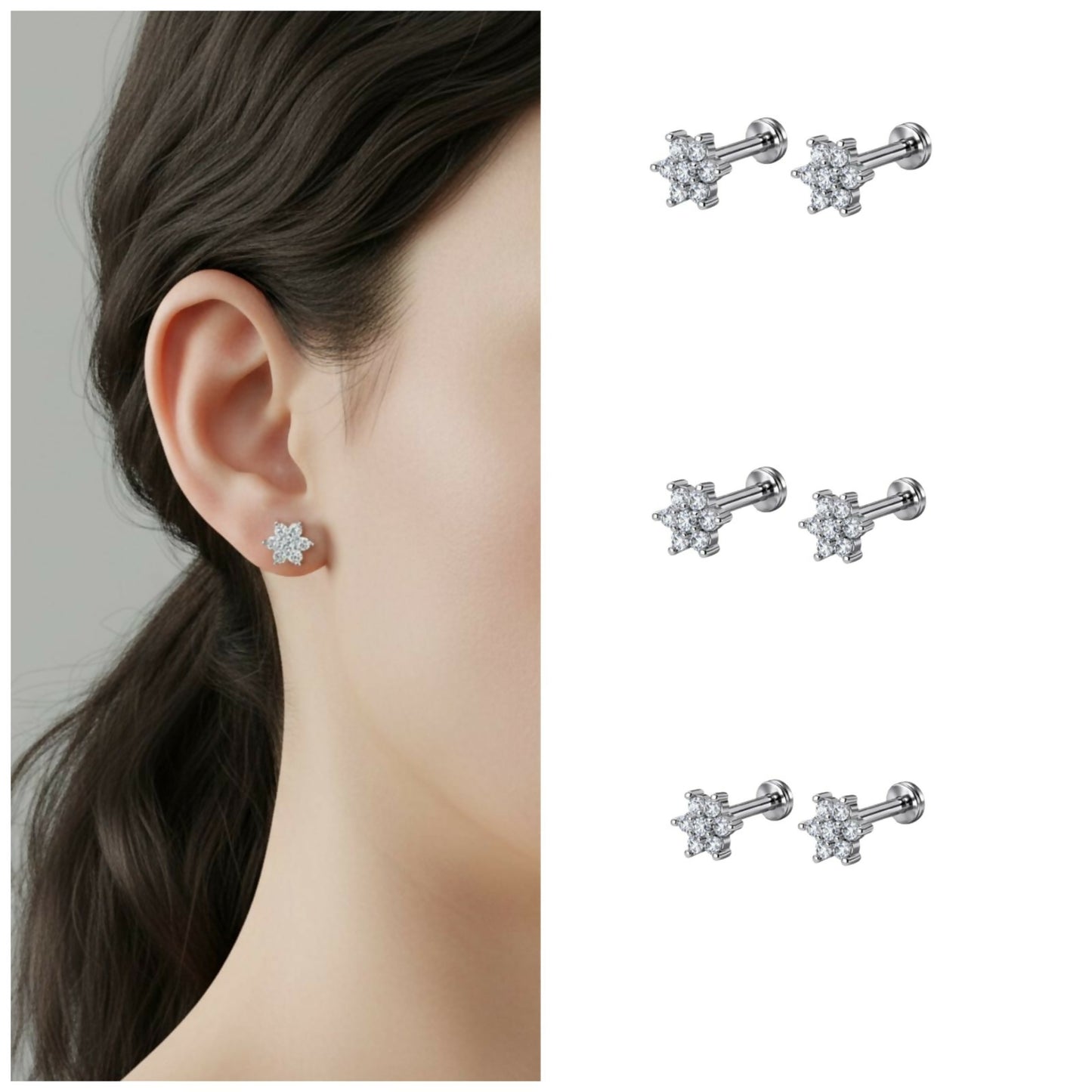 Crystal Flower Stud Earrings close-up showing silver plated petals with clear crystals
