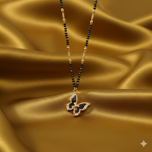 Gold-Plated AD Butterfly Mangalsutra with Black Beads for women