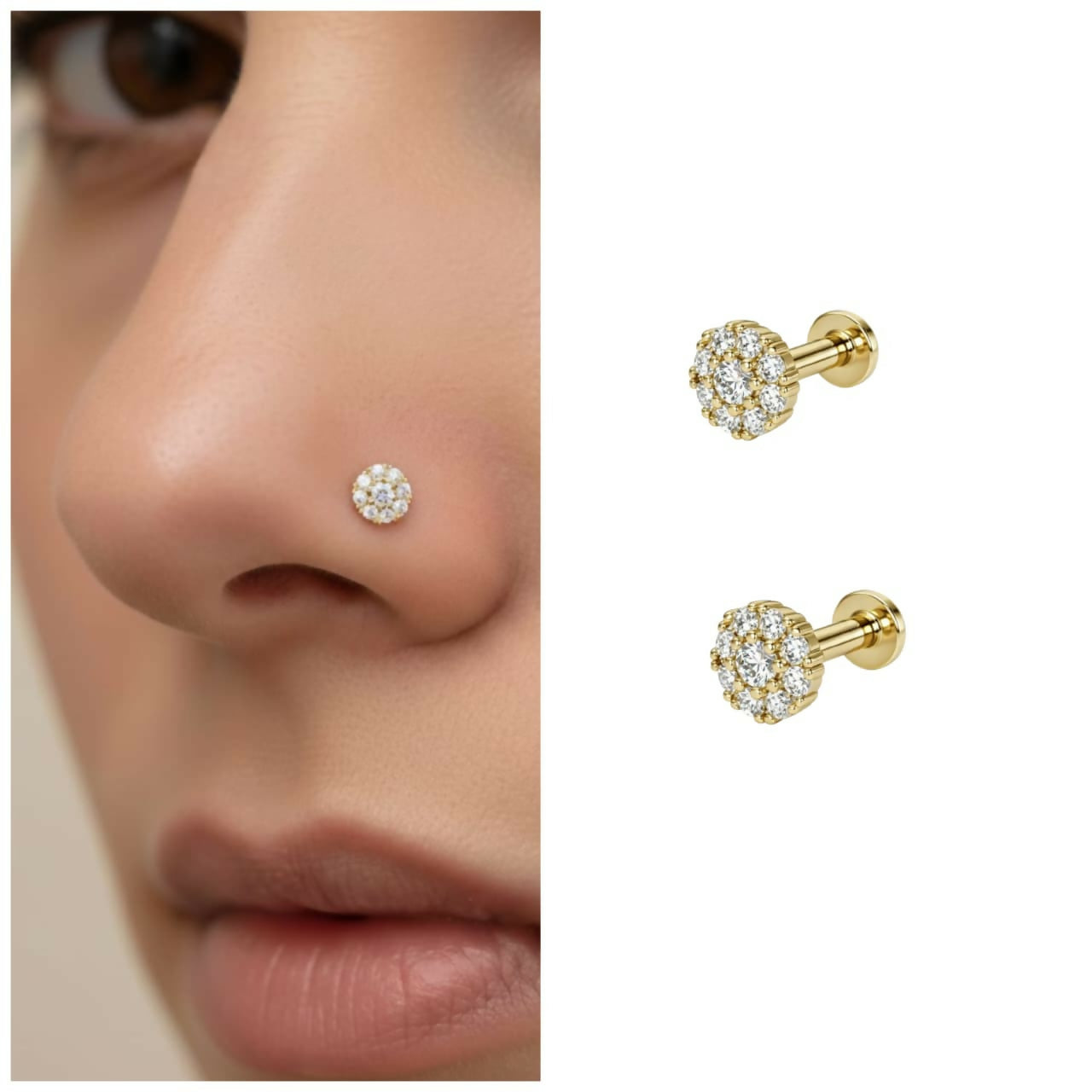 Floral design gold plated nose stud flat back showing detailed shimmering stones