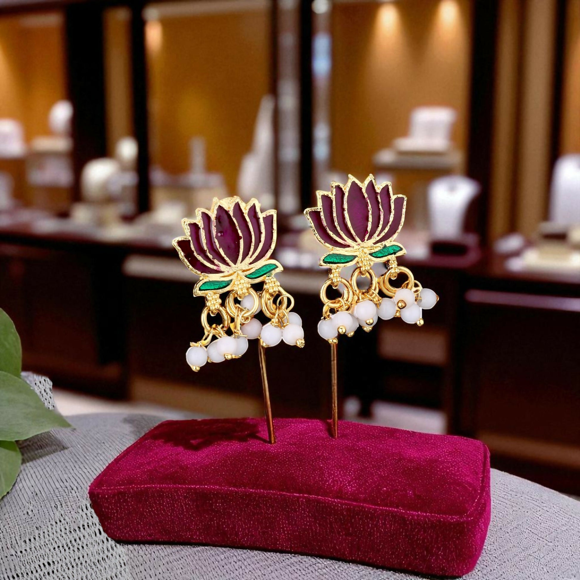 Gold Necklace with Purple Green Lotus & White Beads Pendant for Women Stylish Jewelry