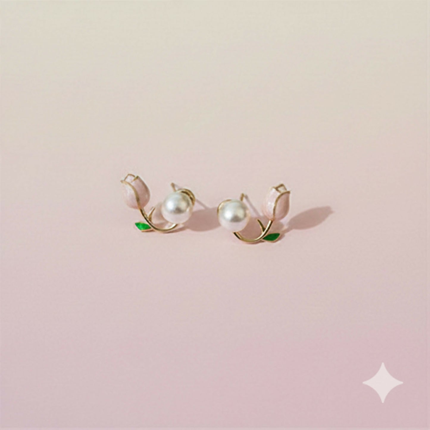 Dainty Enamel Tulip & Round Pearl Korean Style Earrings – Chic Nature-Inspired Jewelry