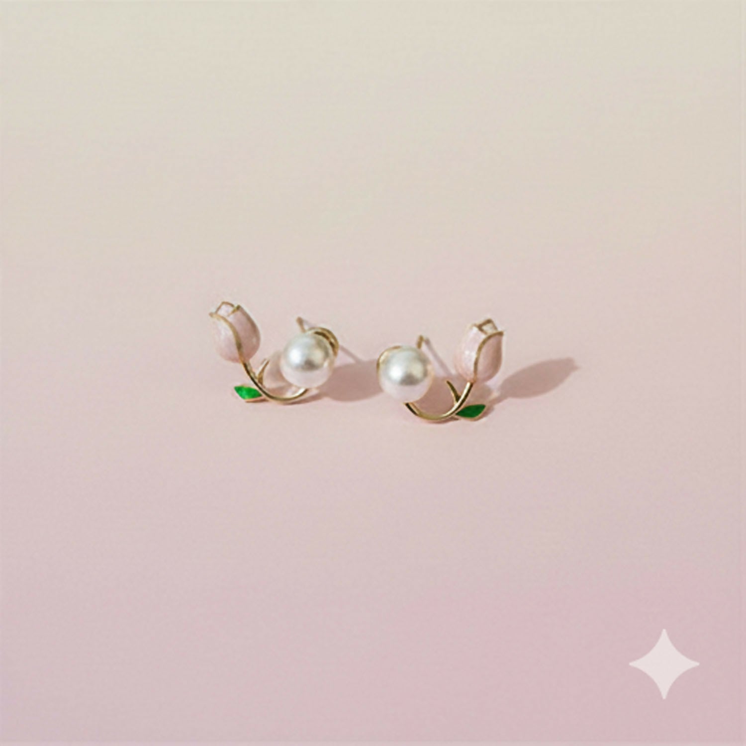 Dainty Enamel Tulip & Round Pearl Korean Style Earrings – Chic Nature-Inspired Jewelry