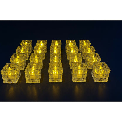Set of 24 Square Crystal LED Tealight Candles | Battery Operated Flameless Decorative Lights | Warm Yellow Glow for Diwali, Pooja, Wedding, Home Décor, Parties & Festivals