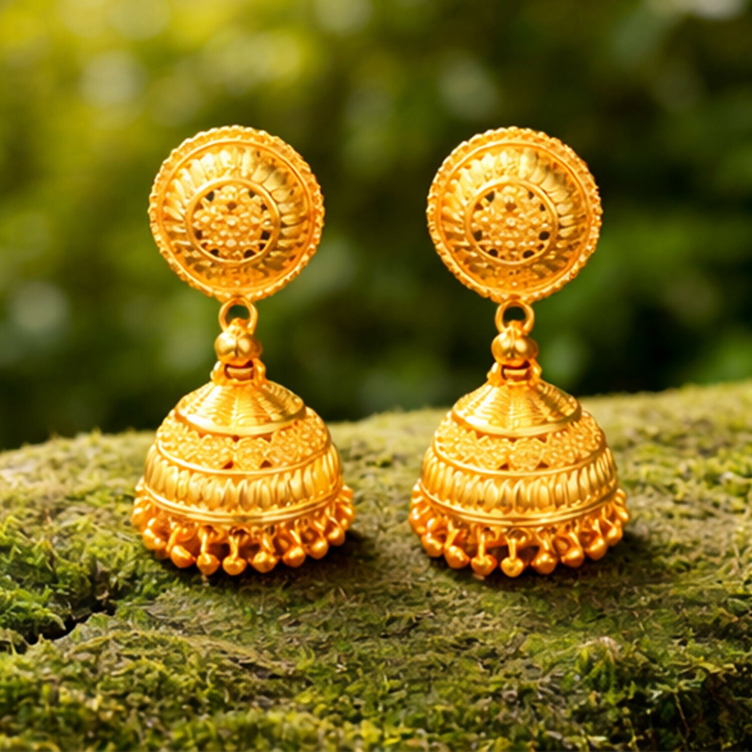 Close-up of designer jhumka earrings highlighting their elegant details