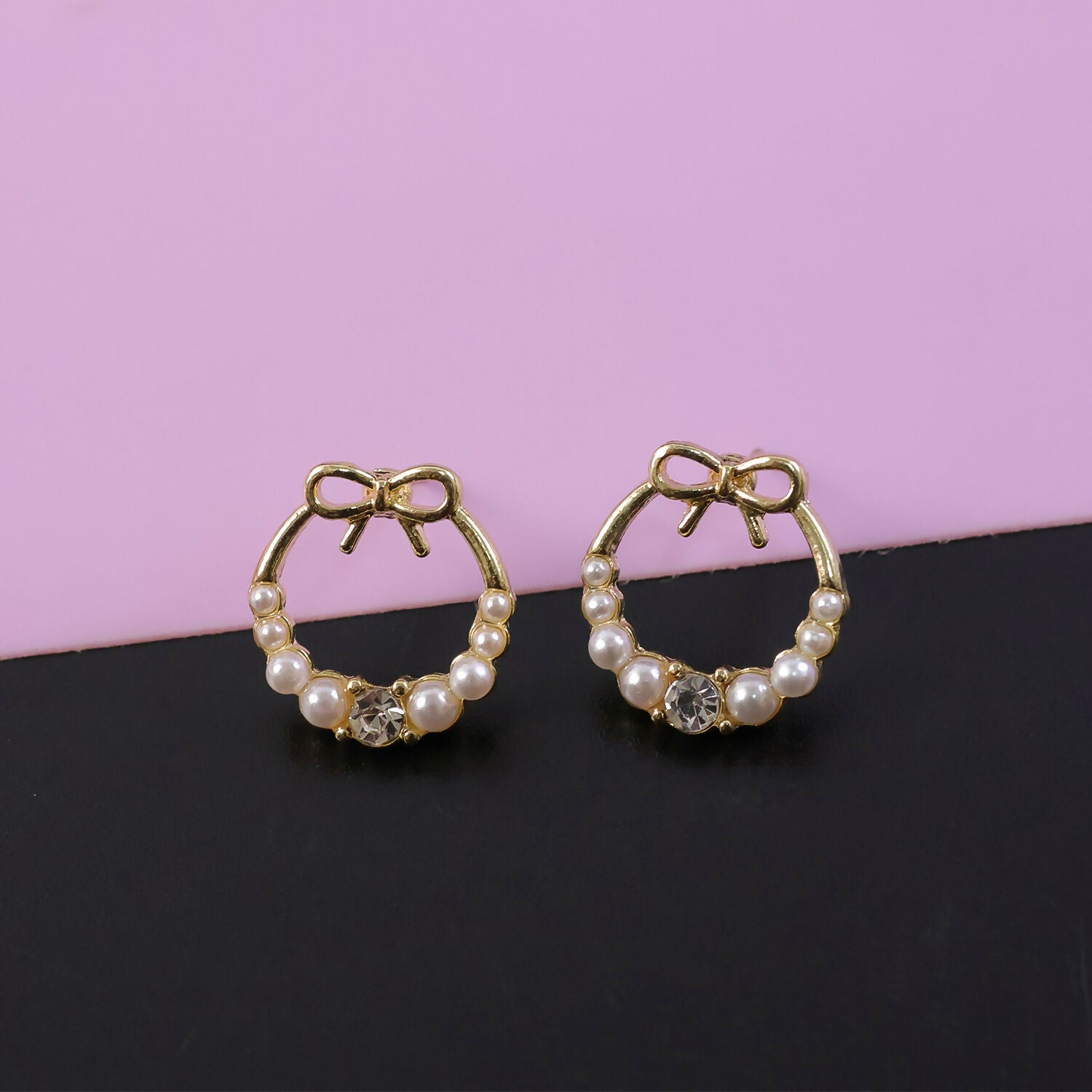 Elegant Bow Pearl Hoop Earrings for Women | Gold Plated Crystal Stud Hoops | Cute Korean Style Fashion Jewelry