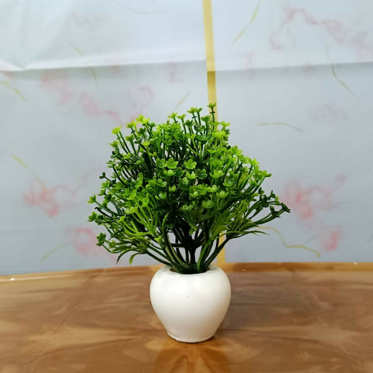 Artificial Green Baby Flower Plant with White Round Pot for Home Office Table Decor