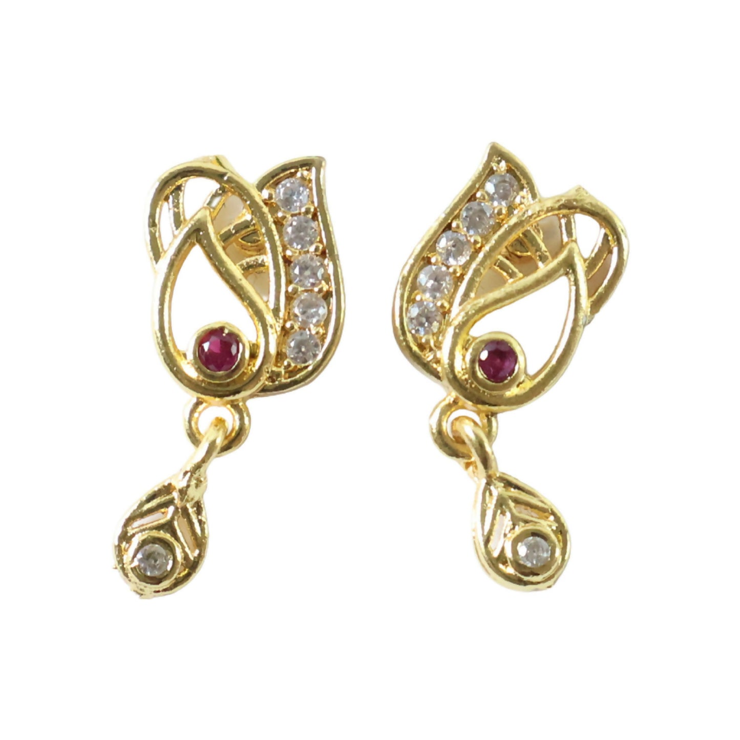 Elegant Gold Plated Stud Earrings with Ruby Accent & Drop Design