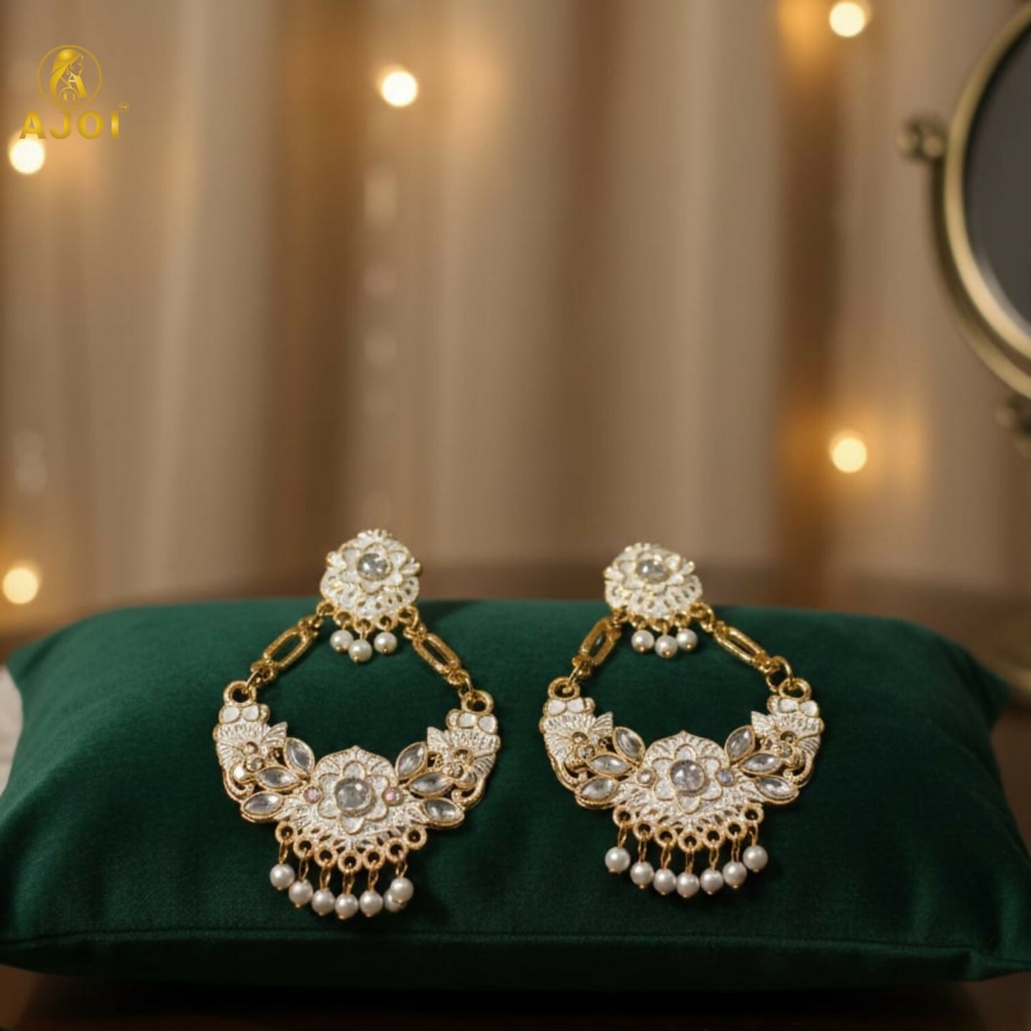 Antique Gold-Plated White Stone & Pearl Floral Chandbali Earrings for Women