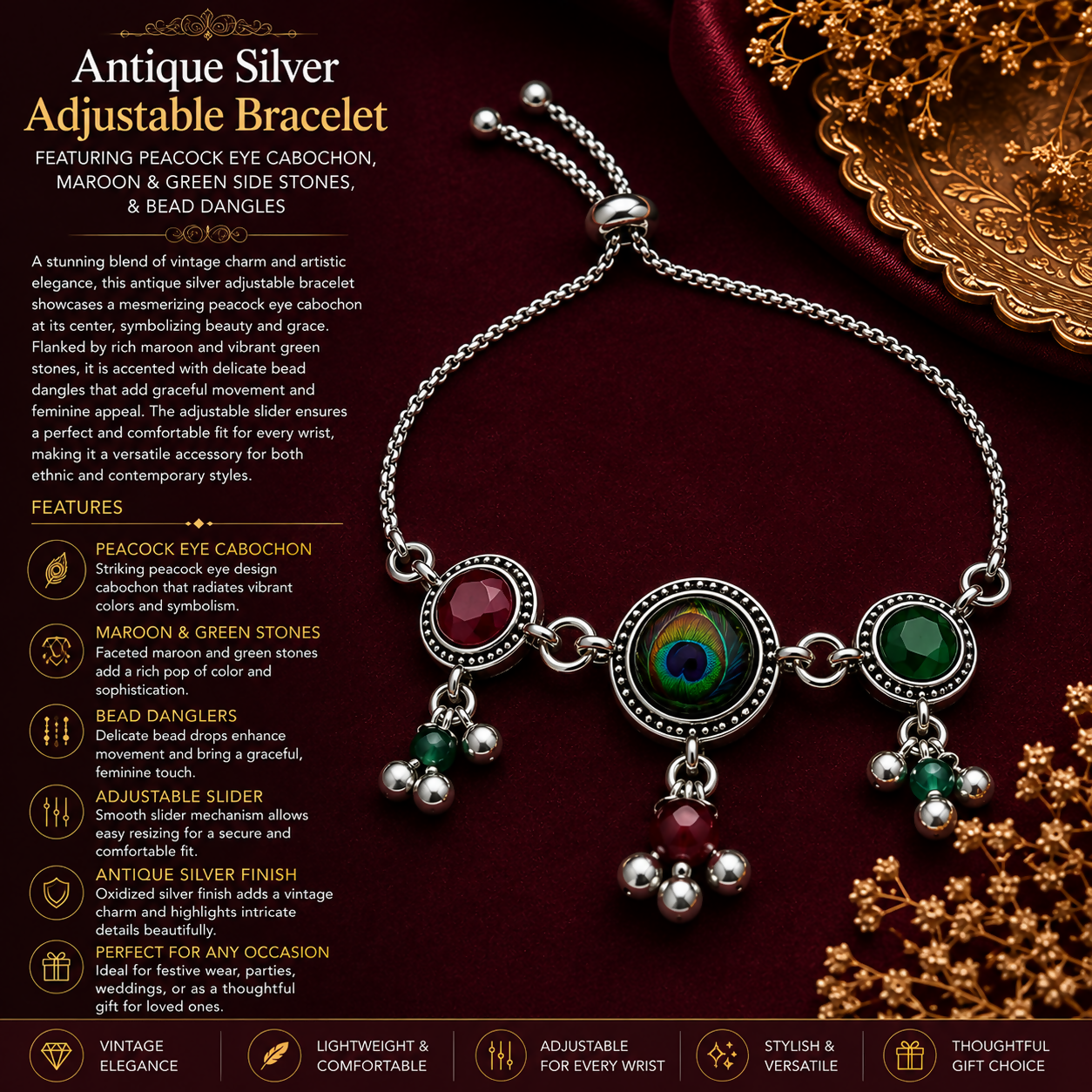 The antique silver adjustable bracelet with a peacock eye cabochon and maroon and green side stones is displayed with