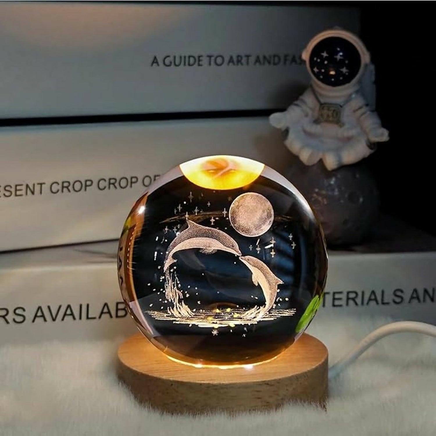 3D Dolphin Crystal Ball Night Lamp with Wooden Base Decorative Light