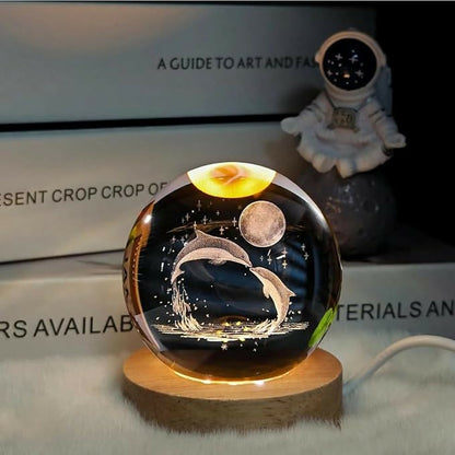 3D Dolphin Crystal Ball Night Lamp with Wooden Base Decorative Light