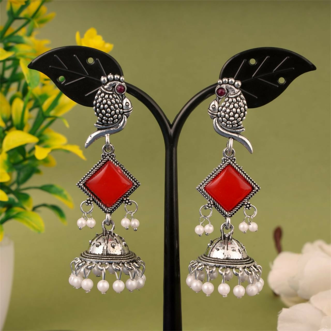 Oxidised Silver Red Stone Parrot Design Jhumka Earrings for Women & Girls