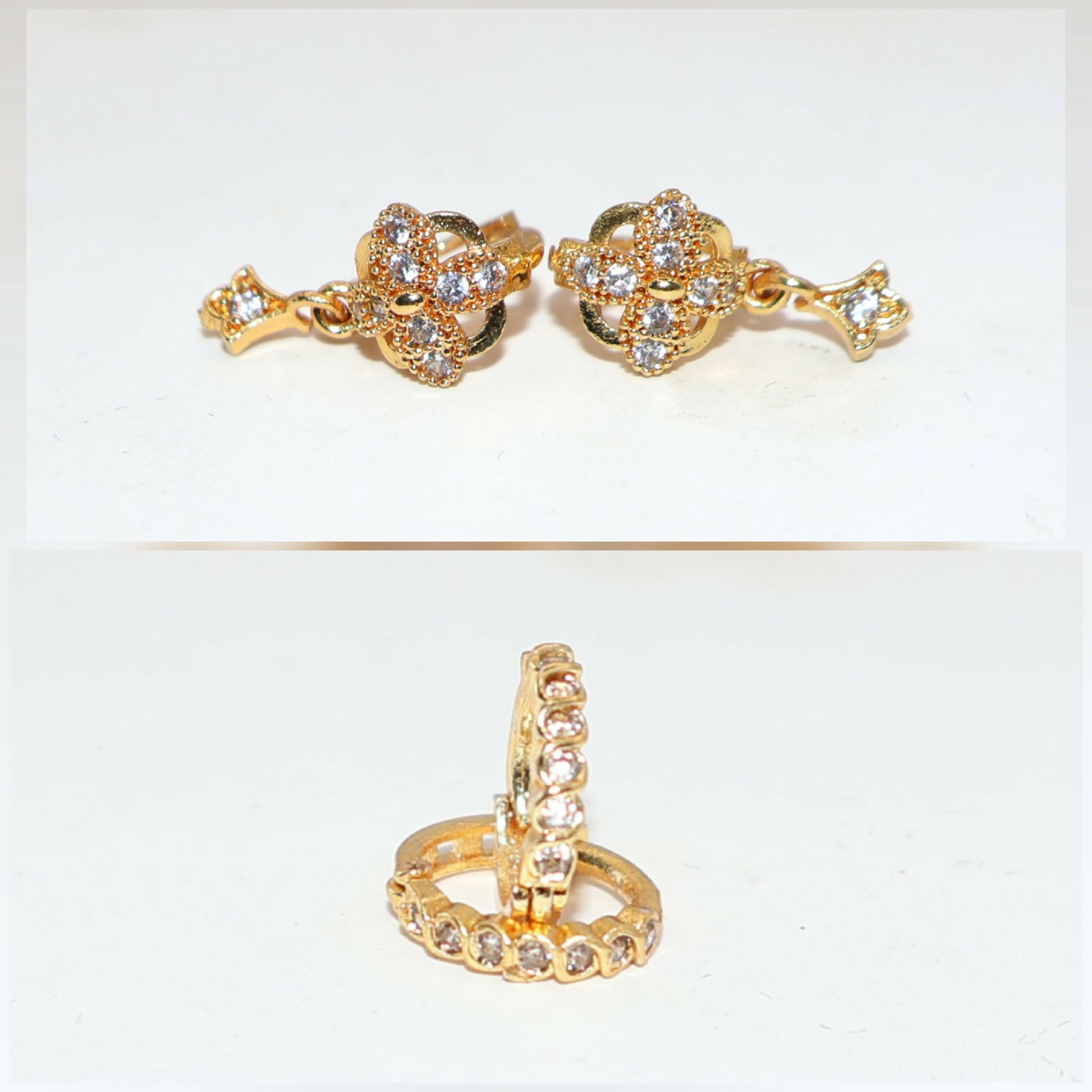 Gold plated triple dangler huggie hoop earrings styled with traditional Indian attire for festive look