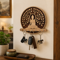 Buddha Bodhi Tree Wooden Key Holder Round Carved Design Wall Mount Key Hanging Stand