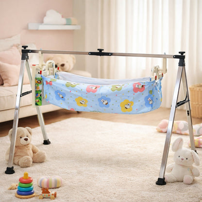 Side view of the portable baby swing with durable foldable stand.