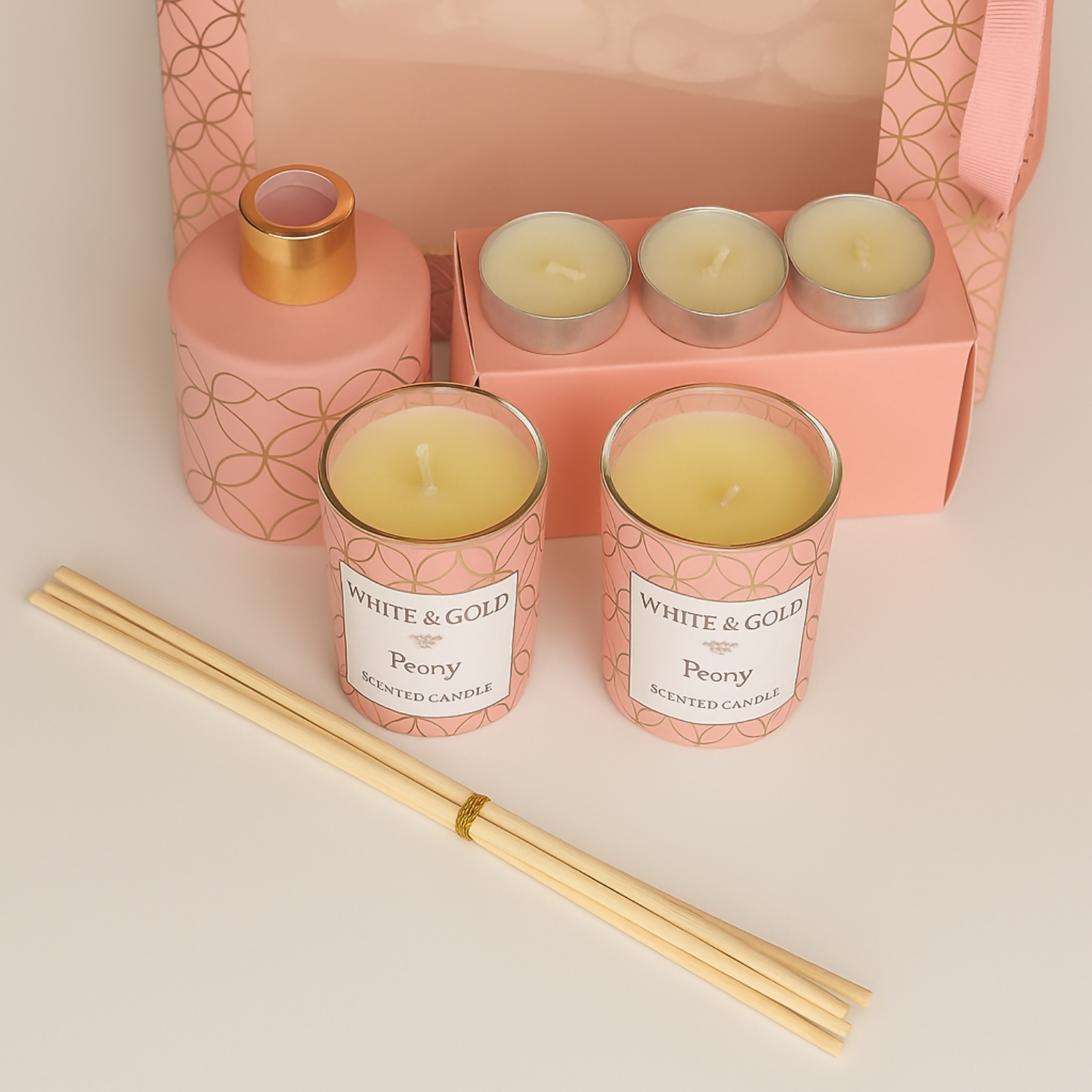 Luxury Peony Fragrance Gift Set – Foxy Home Fragrances White & Gold Collection | Scented Candle & Reed Diffuser Combo with Tealight Candles | Elegant Home Décor Gift Set for Women