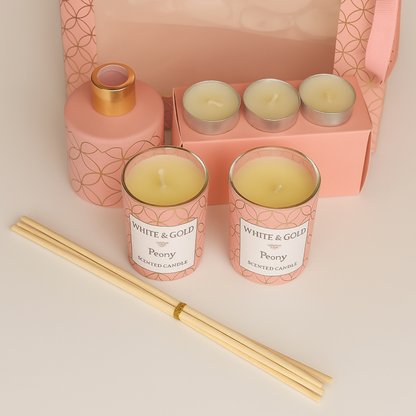 Luxury Peony Fragrance Gift Set – Foxy Home Fragrances White & Gold Collection | Scented Candle & Reed Diffuser Combo with Tealight Candles | Elegant Home Décor Gift Set for Women
