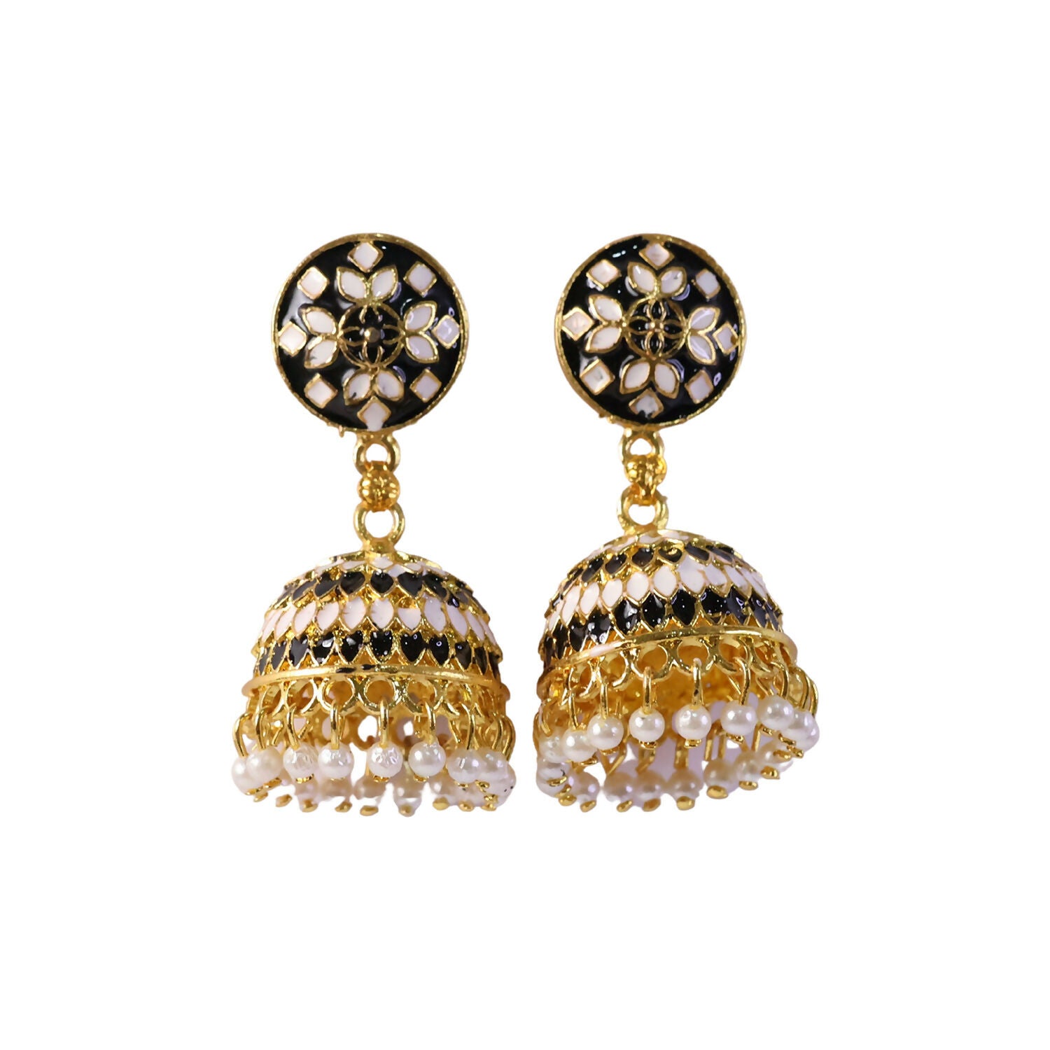 Side view of traditional black jhumka earrings with pearl beads