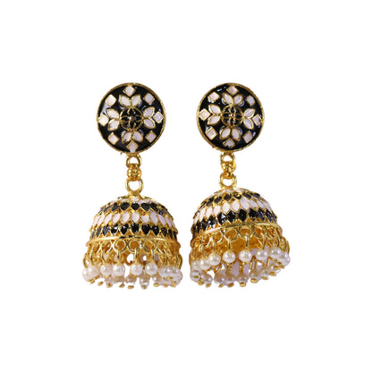 Side view of traditional black jhumka earrings with pearl beads