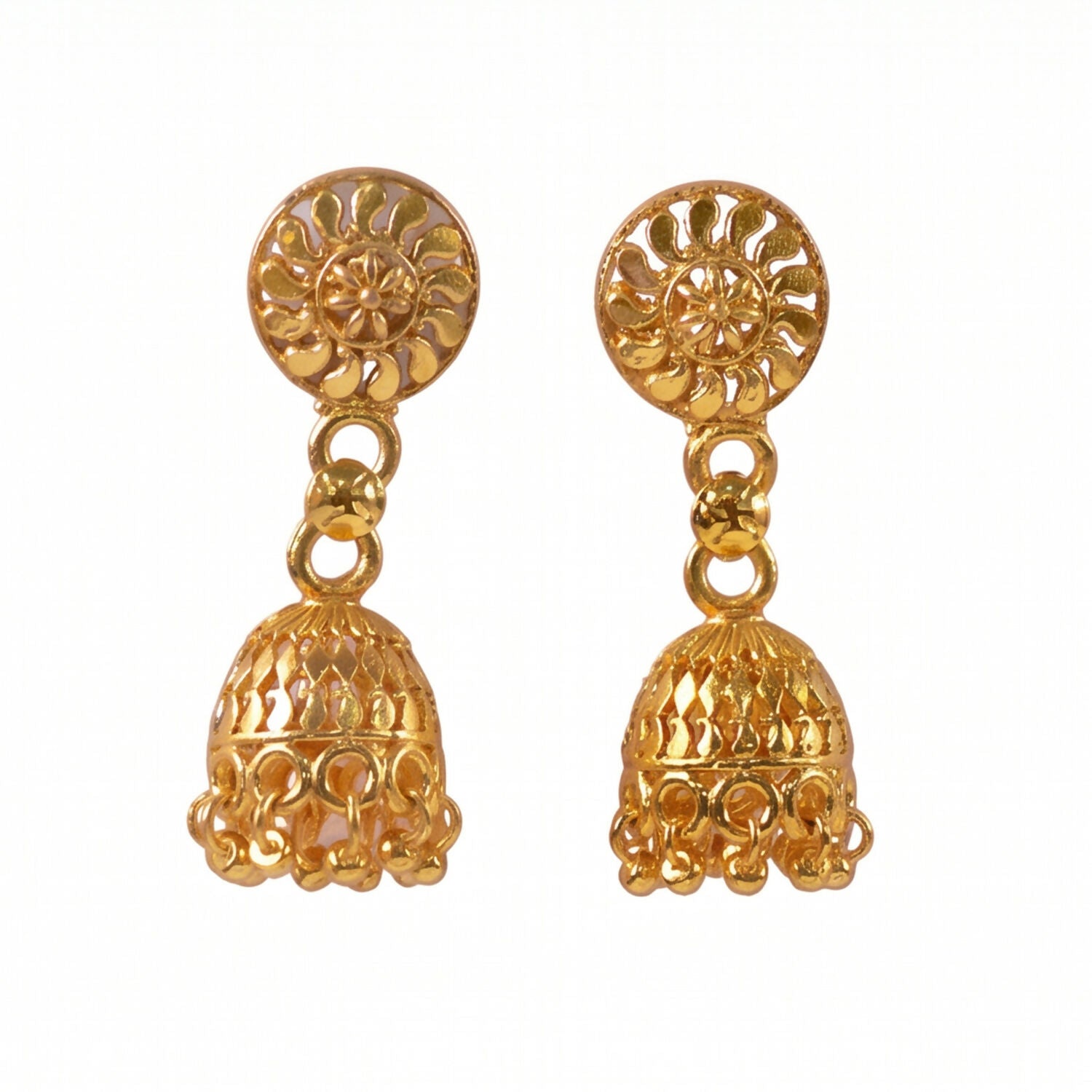 Detailed craftsmanship of gold jhumka earrings with pearls