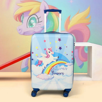 Front view of Novex kids unicorn rainbow trolley bag with colorful unicorn design