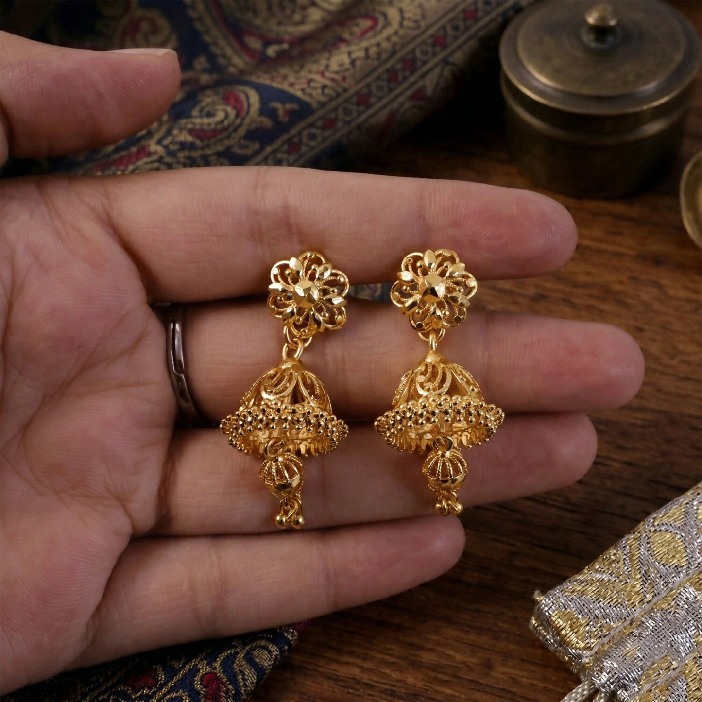 Exquisite Ethnic Gold-Toned Jhumki Earrings for Weddings and Festive Wear
