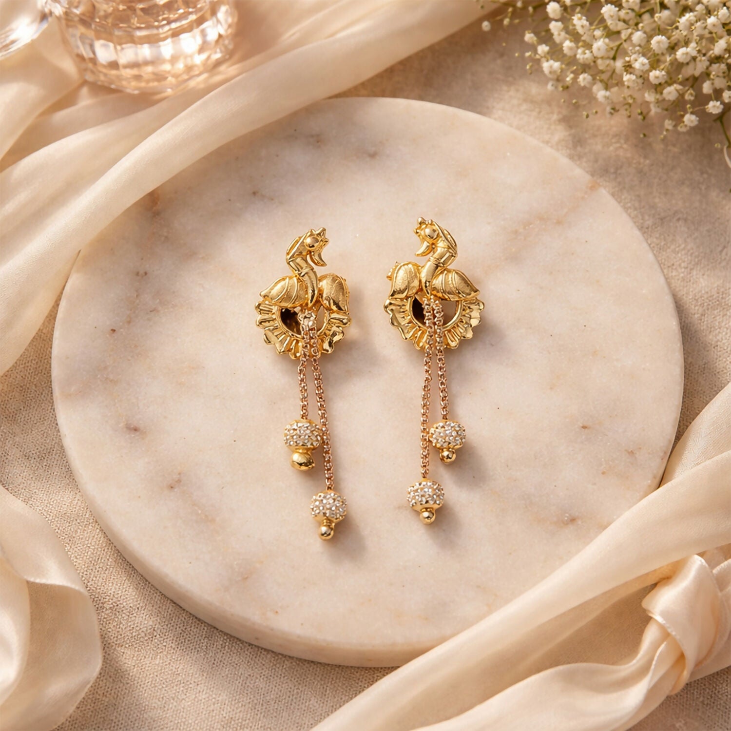 Classic Peacock Gold-Plated Dangling Earrings for Festive Wear (2 Pair)