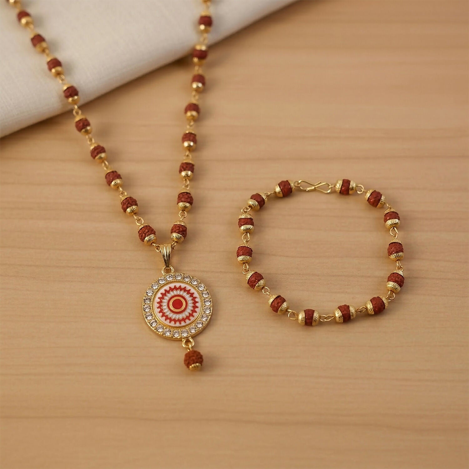 Traditional Rudraksha gold pendant necklace and bracelet set