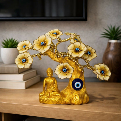 Golden Buddha Tree Showpiece with Yellow Flowers & Evil Eye for Home Decor