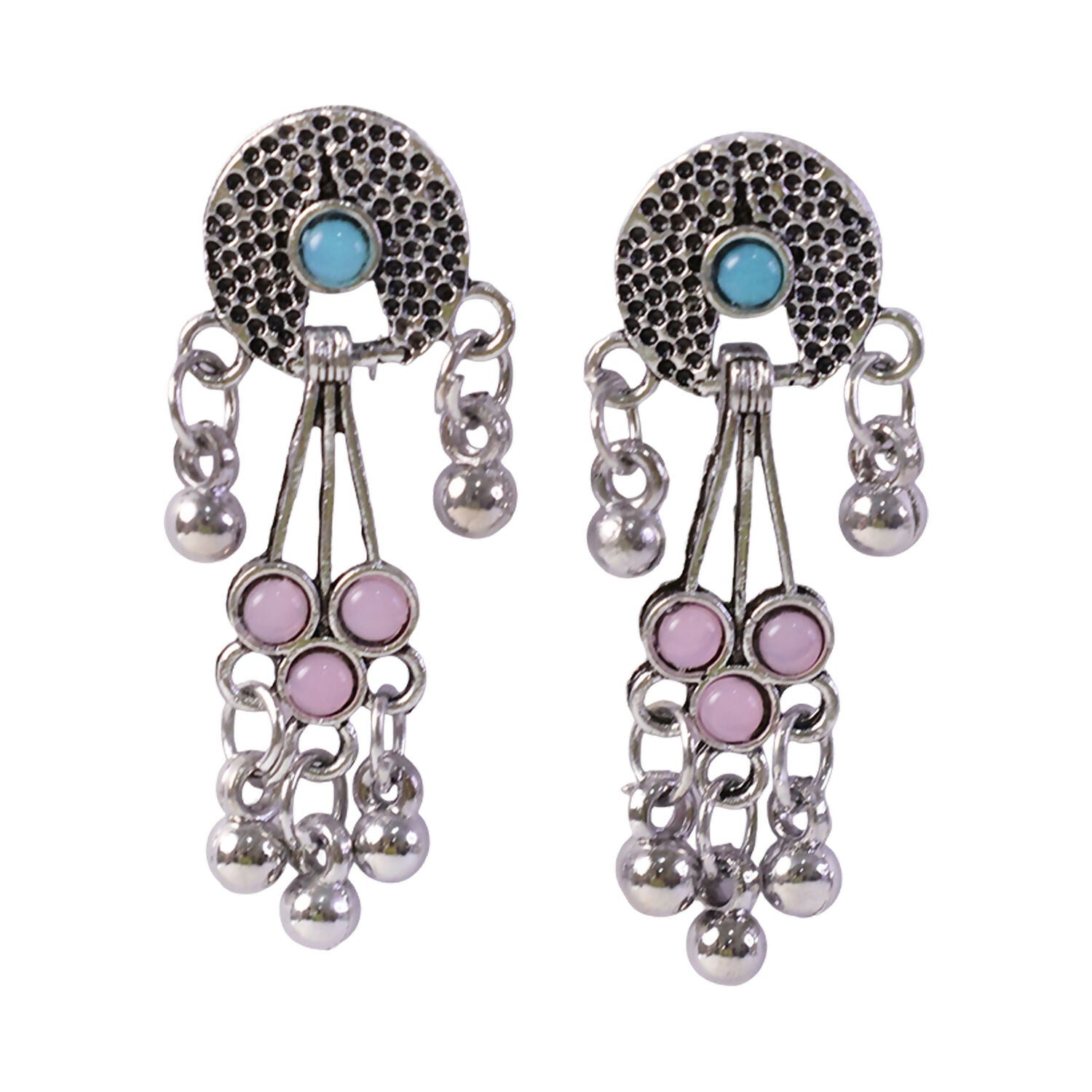 The oxidised silver long drop earrings with pink and turquoise stones and ghungroo bells are isolated on a white background.